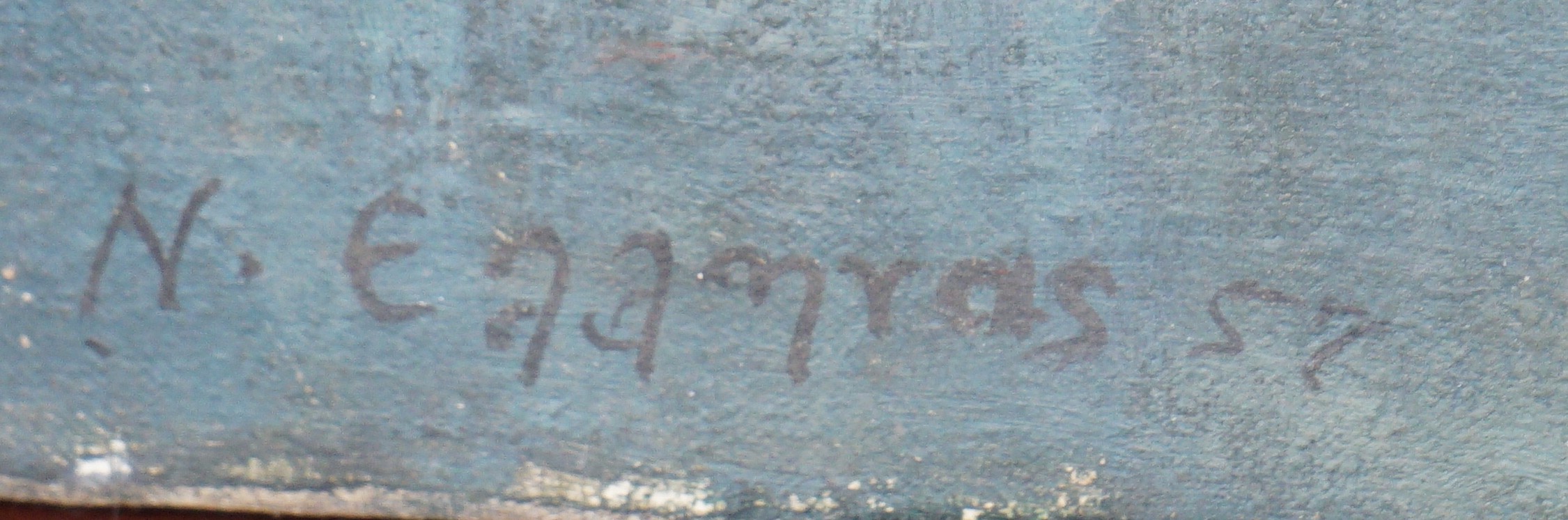 Neaamras (Modern British), oil on canvas, Street scene, signed and dated '57, a studio nude sketch verso, with examination label verso, 61 x 76cm, unframed